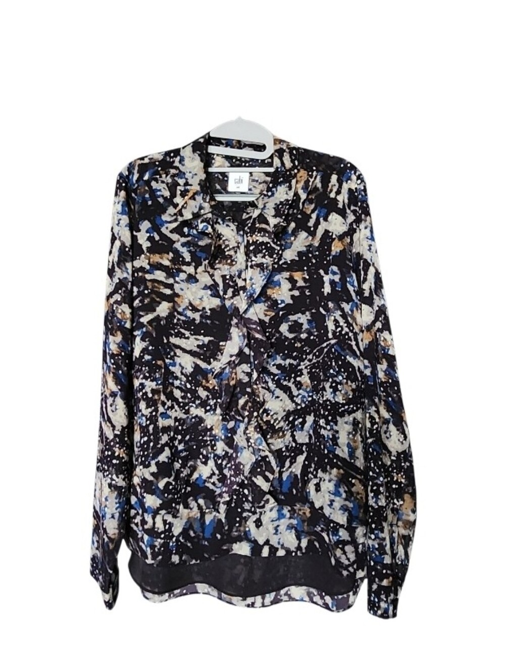 Abstract Print Long-Sleeve Blouse in Black and Blue